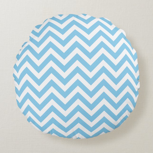 Baby blue and White Medium Size Chevron Stripes Round Pillow (Front)