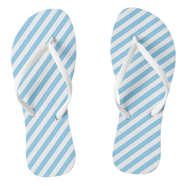 Baby Blue and White Medium Size Diagonal Stripes Flip Flops (Footbed)
