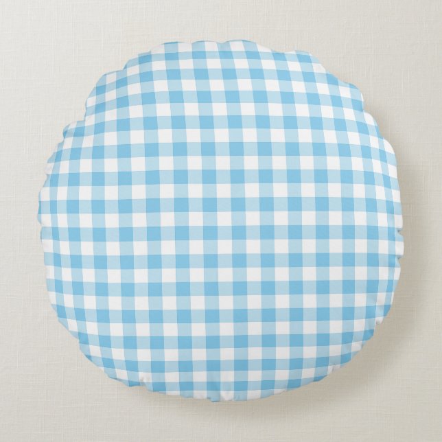 Baby Blue and White Medium Size Gingham Checks Round Pillow (Front)