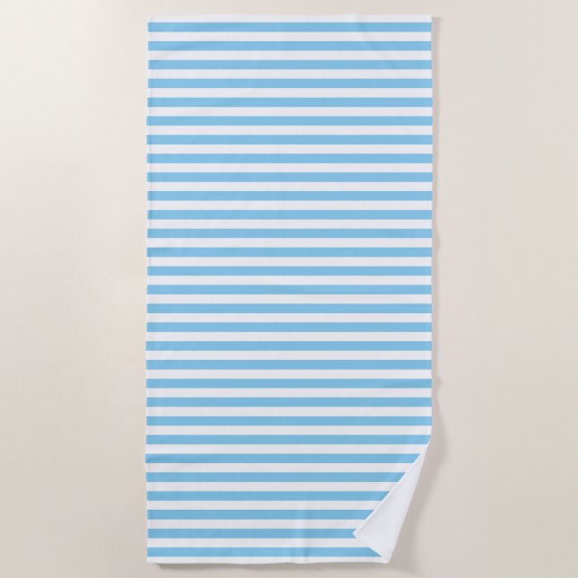 Baby Blue and White Medium Size Horizontal Stripes Beach Towel (Front)