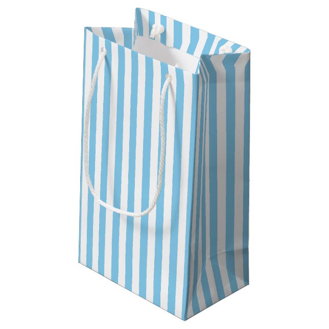 Baby Blue and White Medium Size Vertical Stripes Small Gift Bag (Back Angled)