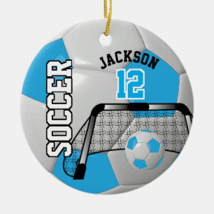 Baby Blue and White Personalize Soccer Ball Ceramic Ornament