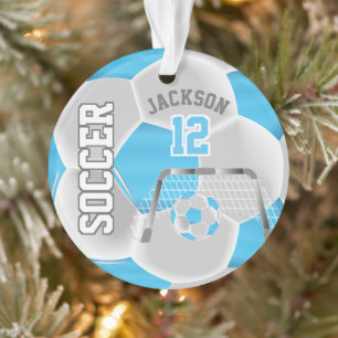 Baby Blue and White Personalize ⚽ Soccer Ball Ornament
