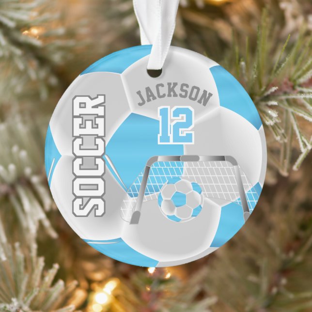 Baby Blue and White Personalize ⚽ Soccer Ball Ornament (Tree)