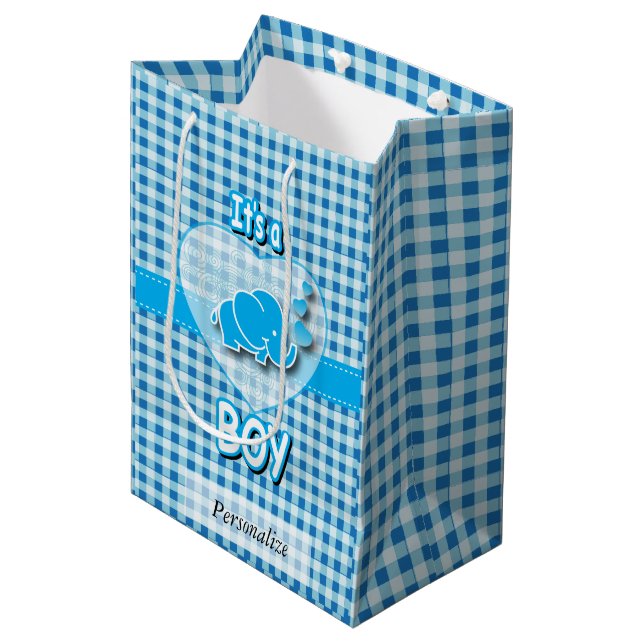 Baby Blue and White Plaid Baby Elephant Medium Gift Bag (Front Angled)