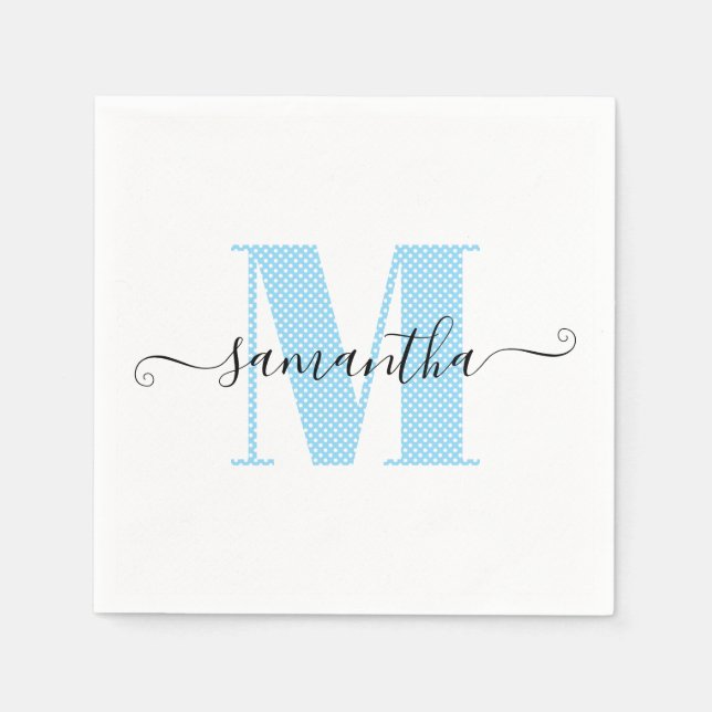 Baby Blue and White Polka Dot Monogram Napkin (Front)