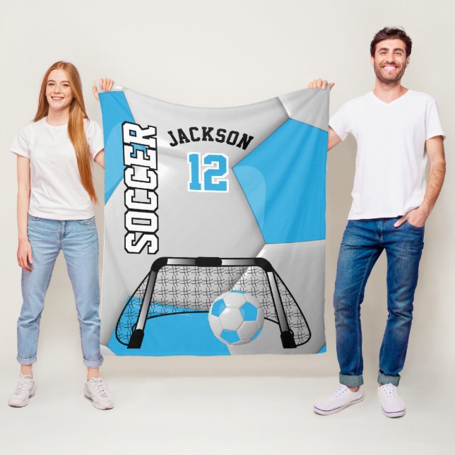 Baby Blue and White Soccer Ball with DIY Text Fleece Blanket (In Situ)