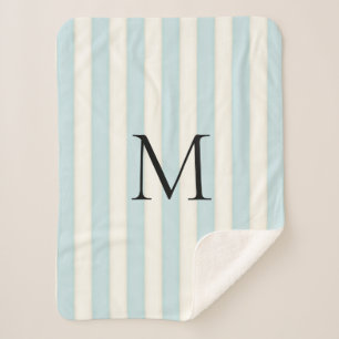 Baby Blue & Antique White Stripes Monogrammed Sherpa Blanket