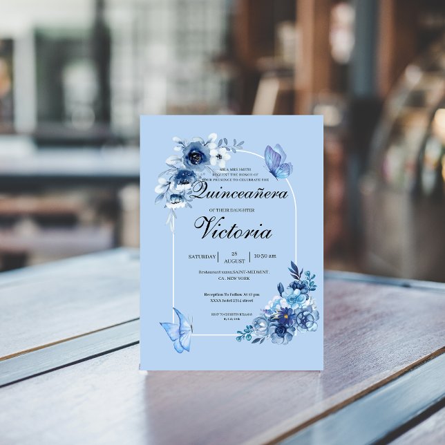 Baby blue arch floral butterflies Quinceañera  Invitation (Creator Uploaded)