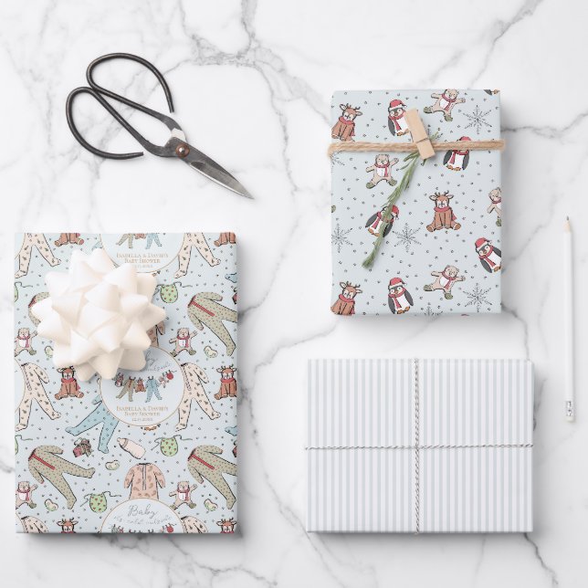 Baby Blue Baby Its Cold Outside Winter Baby Shower Wrapping Paper Sheet (Front)