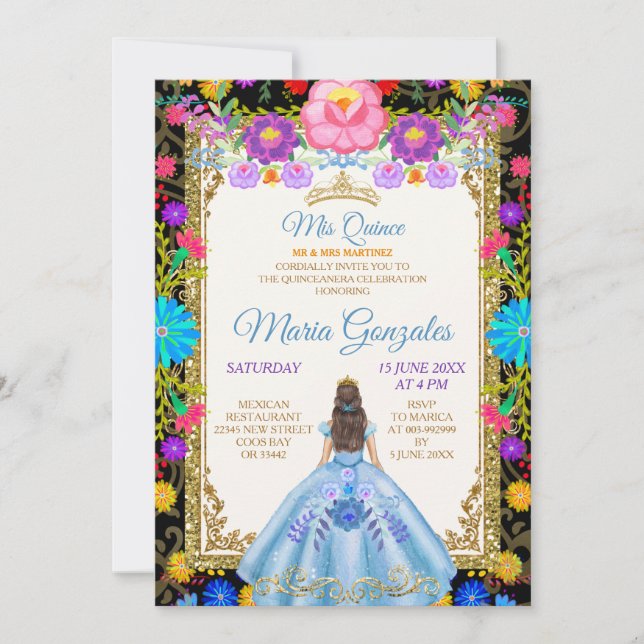 Baby Blue Background Mexican Mis Quince Invitation (Front)