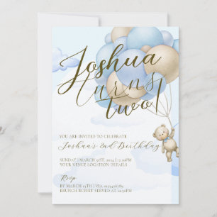 Baby blue balloons teddy bear kids birthday party invitation