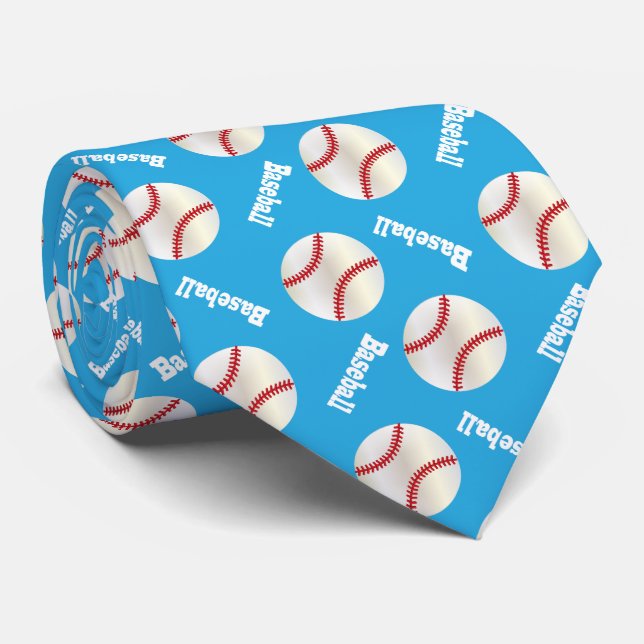 Baby Blue Baseball Fun Tie (Rolled)
