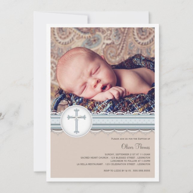 Baby Blue | Beige Photo Christening Invitation (Front)