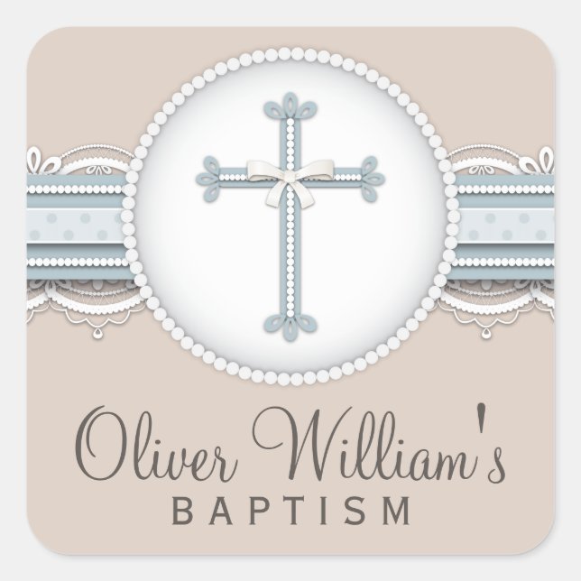 Baby Blue | Beige Religious Celebration Cross Square Sticker (Front)