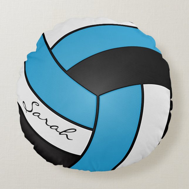 Baby Blue, Black and White Volleyball | DIY Name Round Pillow (Front)