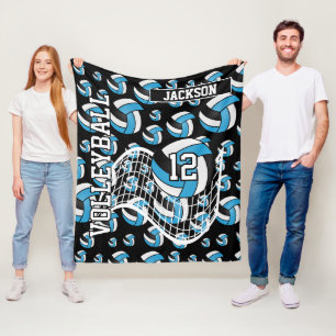 Baby Blue, Black and White Volleyball Pattern Fleece Blanket