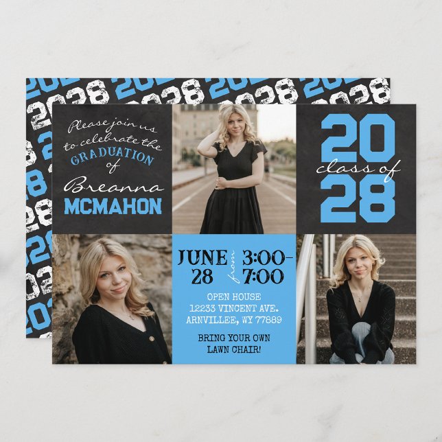 Baby Blue & Black Chalkboard 3 Photo Graduation Invitation (Creator Uploaded)