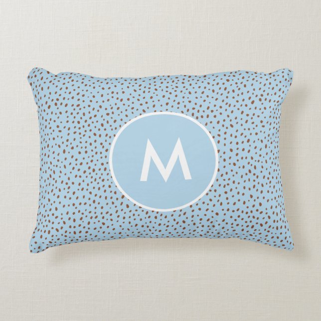 Baby Blue & Boho Terracotta Brown Dots Monogram Accent Pillow (Front)