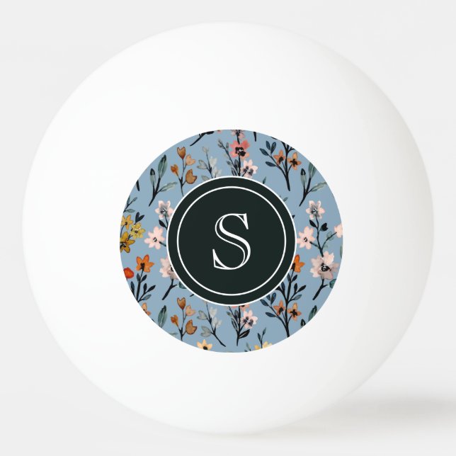 Baby Blue Boho Watercolor Floral Monogrammed Ping Pong Ball (Front)
