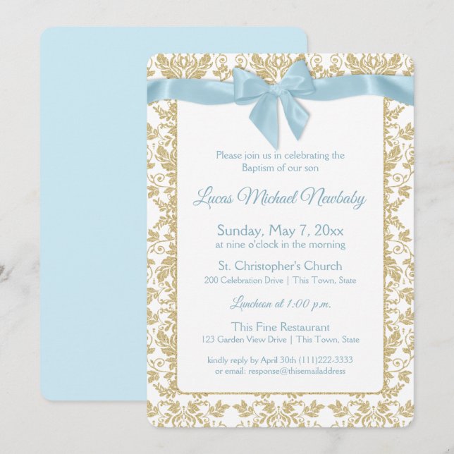 Baby Blue Bow and Gold Damask Baptism Invitation (Front/Back)