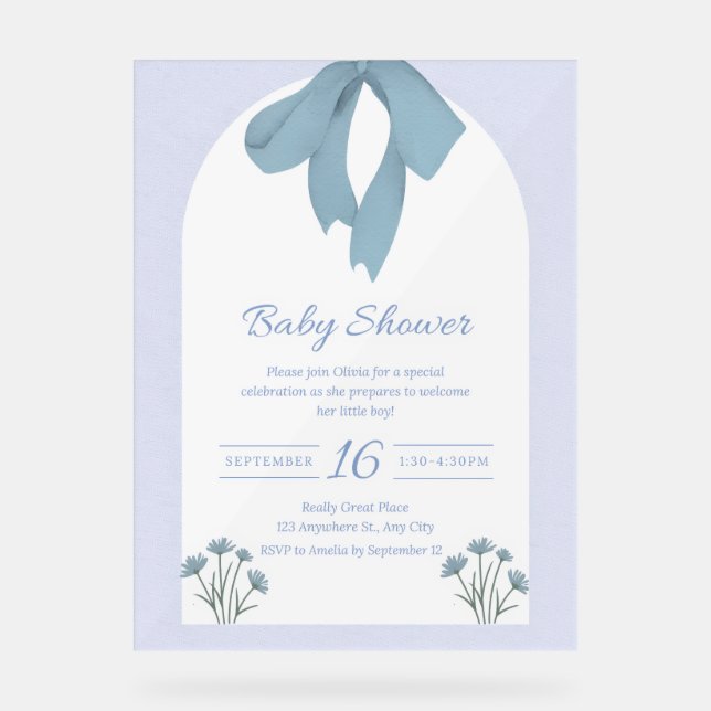Baby Blue Bow Baby Shower Invitation Acrylic Sign (Front)