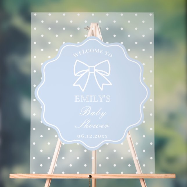 Baby Blue Bow Polka Dots Boy Baby Shower Welcome Acrylic Sign (Neutral)