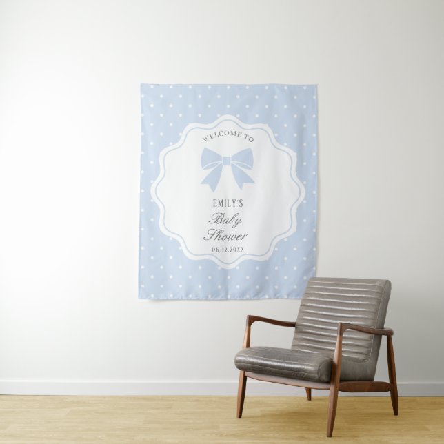 Baby Blue Bow Polka Dots Boy Baby Shower Welcome Tapestry (In Situ)