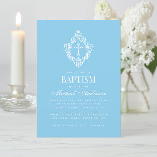 Baby Blue Boy Baptism Cross Crest Elegant Vintage Invitation