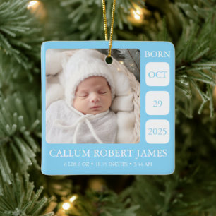 Baby Blue Boy Birth Stats Ornament with Photo