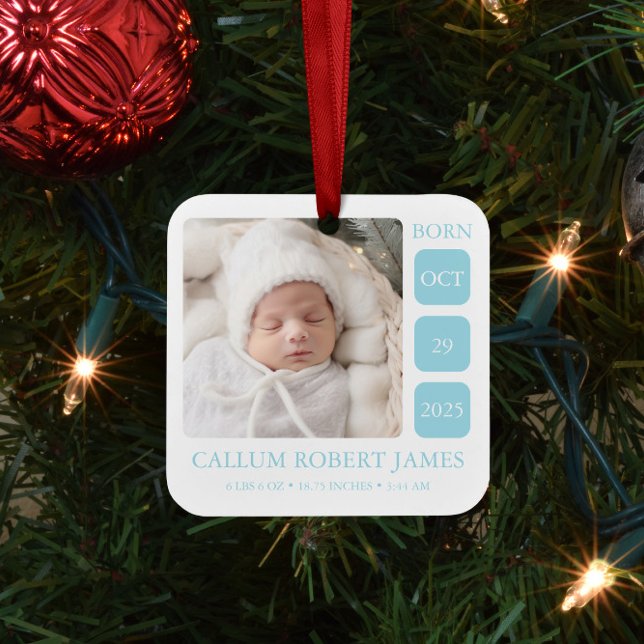 Baby Blue Boy Birth Stats Ornement avec photo (Créateur téléchargé)