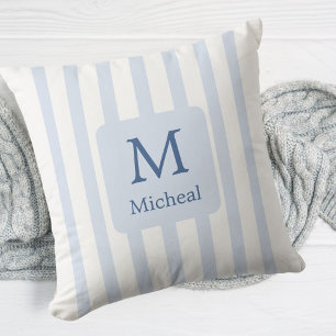 Baby Blue Boy Stripes Monogram Classic Throw Pillow