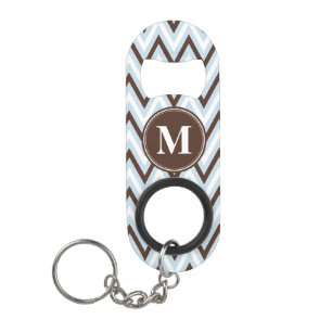 Baby Blue Brown Chevron with Monogram Keychain Bottle Opener