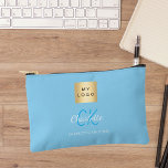 Baby blue business logo name monogram accessory pouch<br><div class="desc">Baby blue coloured background,  white and blue text. Personalize and add your business logo,  first name,  monogram initials and full name.</div>