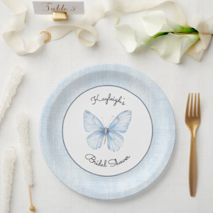 Baby Blue Butterfly Faux Linen Bridal Shower Paper Plate