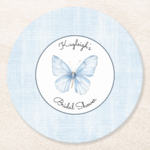 Baby Blue Butterfly Faux Linen Bridal Shower  Round Paper Coaster