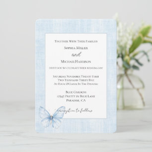 Baby Blue Butterfly Faux Linen Wedding Invitation