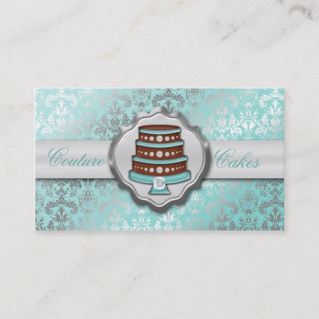 Baby Blue Cake Couture Glitzy Damask Cake Bakery Business Card (Front)