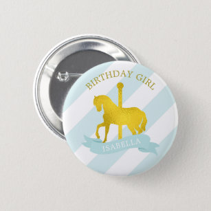 Baby Blue Carousel Horse "Birthday Girl" 2 Inch Round Button