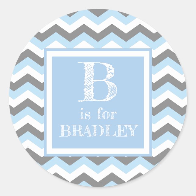 Baby Blue Chevron and Grey Custom Classic Round Sticker (Front)