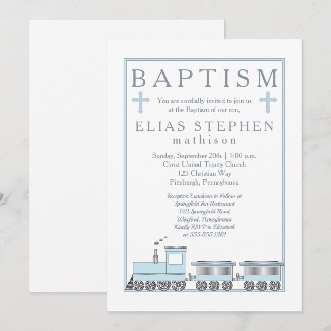 Baby Blue Choo Choo Train Boy Baptism Invitation (Front/Back)