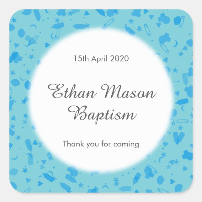 Baby Blue Confetti Baptism Christening Favour Square Sticker (Front)