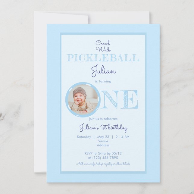 Baby Blue Crawl Walk Pickleball Theme 1st Birthday Invitation (Front)