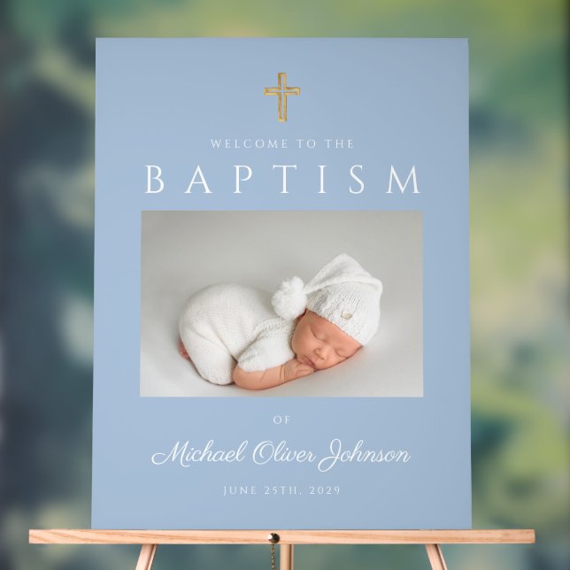 Baby Blue Cross Photo Boy Baptism Bienvenue (Neutre)