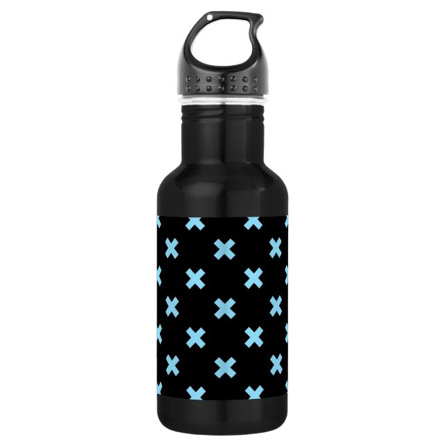Baby blue cross stitches on black 532 ml water bottle (Front)