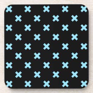 Baby blue cross stitches on black coaster