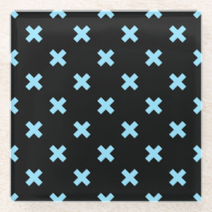 Baby blue cross stitches on black glass coaster