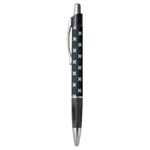 Baby blue cross stitches on black pen