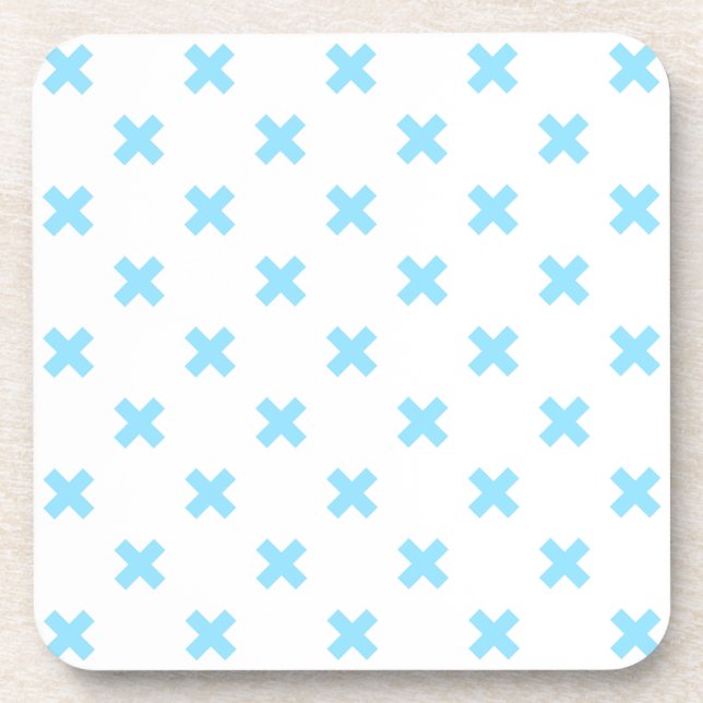 Baby blue cross stitches on white coaster (Front)