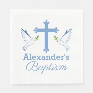 Baby Blue Custom Name Baptism with Cross and Doves Napkin